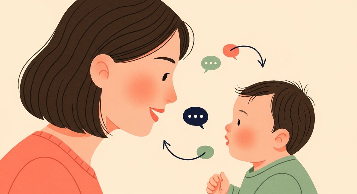 向かい合って話しかける親と赤ちゃん。ことばが行き来している様子